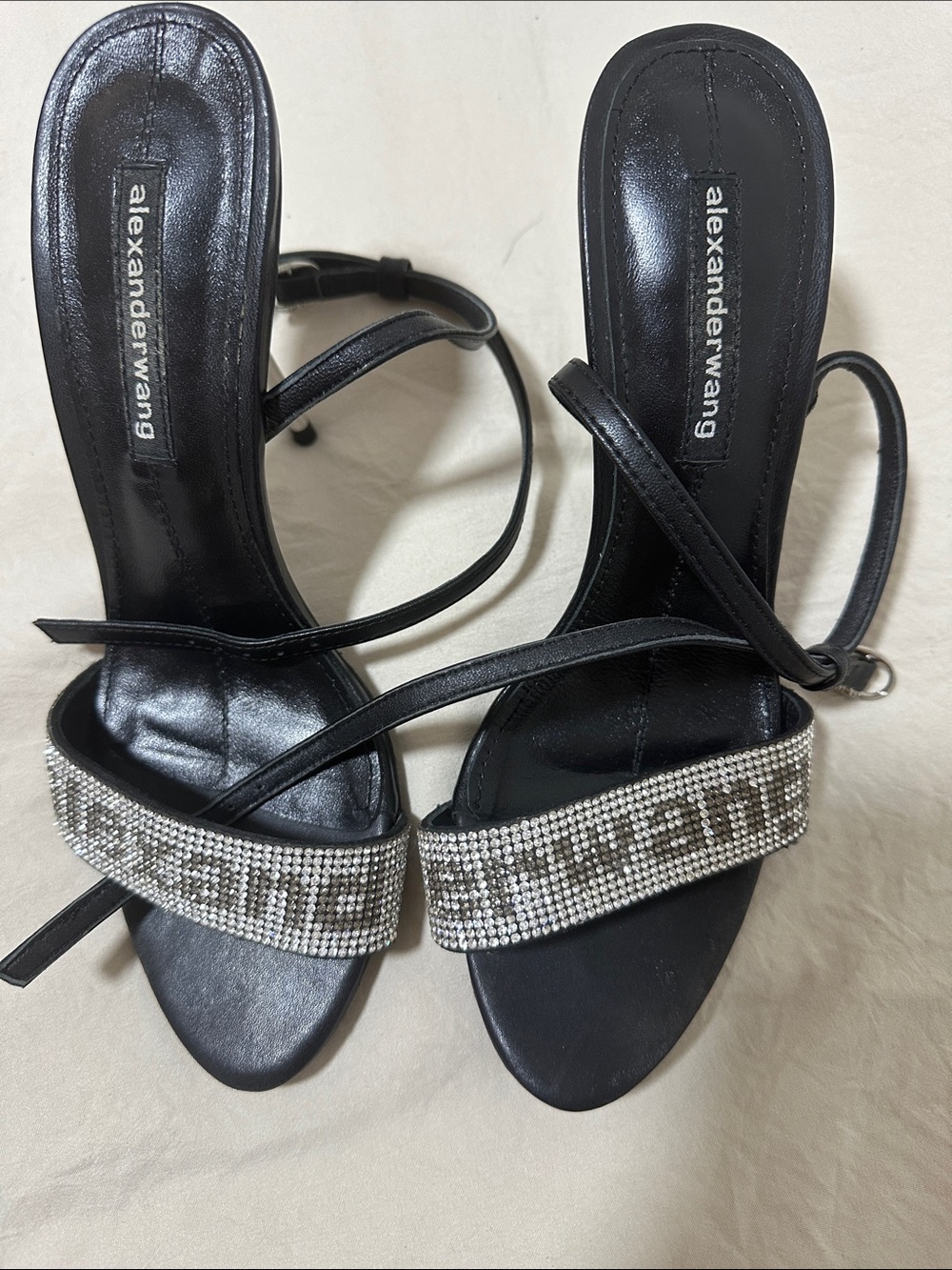 Alexander Wang Black Leather Crystal-Trim Heeled Sandals